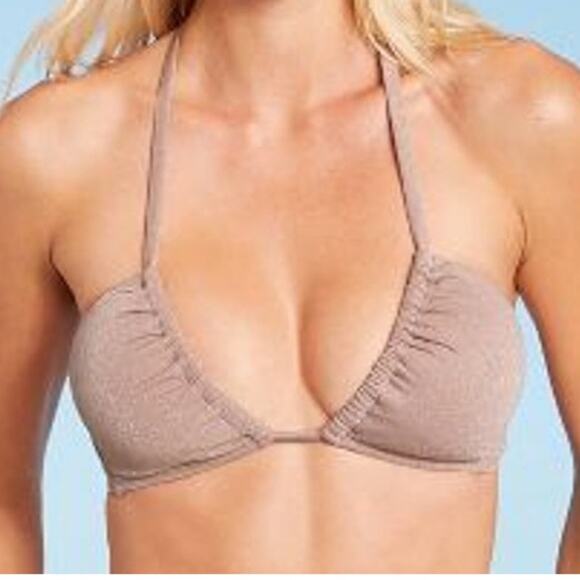 Shade & Shore Halter Bikini Top Metallic Light Pink Lurex Medium Swimsuit Beach - Picture 4 of 10
